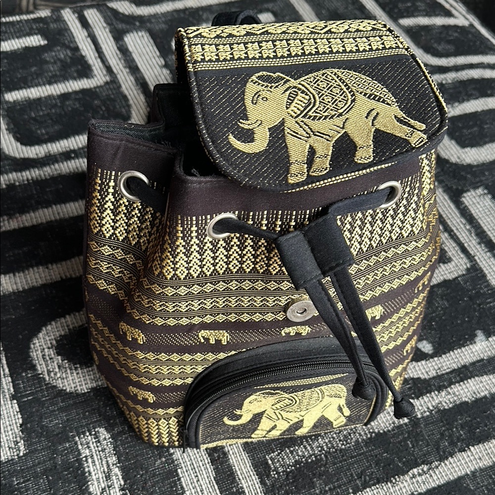 Elephant Patterned Black and Gold Backpack